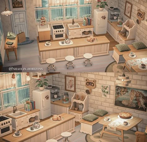 Acnh Cottagecore House, Acnh Wallpaper Designs, Acnh Kitchen, Acnh Living Rooms Ideas, Acnh Rooms, Misty Woods, Animal Crossing House, Cottagecore Animal Crossing, Acnh Interior