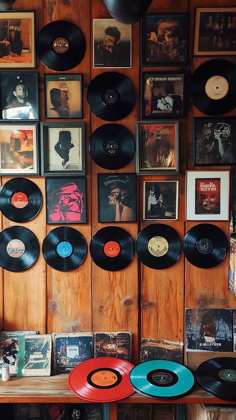 Wall adorned with vintage vinyl records and framed album covers, showcasing an eclectic retro music-themed living room decor. Record Frames Wall, Display Records On Wall, Vinyl Records On Wall Aesthetic, Retro Vinyl Aesthetic, Vinyl Records On Wall, Records On Wall Aesthetic, Vinyl Record Room Decor, Framed Album Covers, Record On Wall