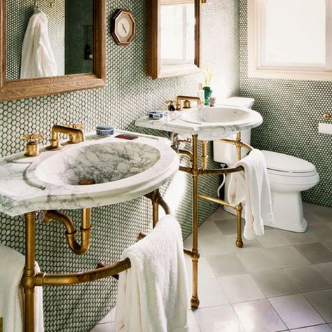 A pair of Stone Forest Petite Renaissance tops supported by polished brass un-lacquered Renaissance style legs | sinklegs Penny Tiles Bathroom, Bathroom 2024, Penny Tile, Bad Inspiration, Marble Sinks, Garage Apartment, Emily Henderson, Trendy Bathroom, Green Bathroom