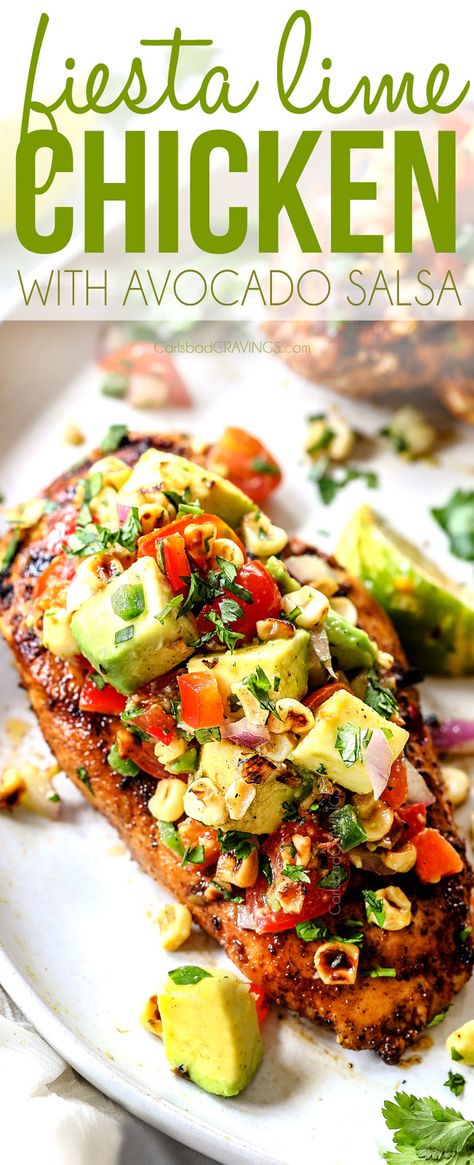 Chicken With Avocado Salsa, Fiesta Lime Chicken, Chicken With Avocado, Lime Chicken Recipes, Carlsbad Cravings, Avocado Salsa, Lime Chicken, Chicken Dinners, Avocado Recipes