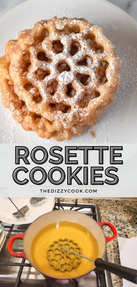 These rosette cookies are unique holiday or Christmas cookies. Made with minimal ingredients, these tips give you success for the perfectly fried cookie. Recipe For Rosettes, Rosette Cookies Irons, Mandolins Cookies, Rosette Iron Batter, Rosetta Cookies Recipes For, Rosette Recipe Christmas Cookies, Rosette Cookies Recipe How To Make, Rosette Cookies Recipe, Gluten Free Rosettes Recipe