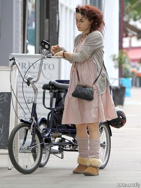 Helena Bonham Carter trike Helena Bonham Carter Style, Helen Bonham Carter, Helen Bonham, Helena Carter, London Shops, Frazzled English Woman, Marla Singer, Helena Bonham, Mori Kei