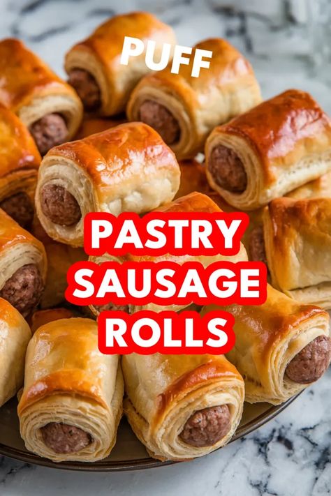 A photo of a  Puff Pastry Sausage Rolls a new years eve appetizers Sausage Rolls Puff Pastry, Puff Pastry Sausage Rolls, Puff Pastry Recipes Savory, Homemade Sausage Rolls, Pastries Recipes Dessert, Puff Pastry Appetizers, Appetizers Easy Finger Food, Finger Foods Easy, Best Appetizer Recipes