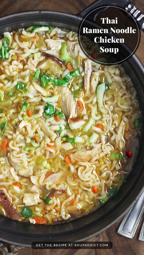 Chicken Noodle Souo, Crockpot Pizza Pasta, Ramen Noodle Chicken, Thai Ramen, Ramen Ideas, Korean Noodle Soup, Chicken Ramen Noodle Recipes, Crockpot Pizza, Ramen Noodle Recipes Soup