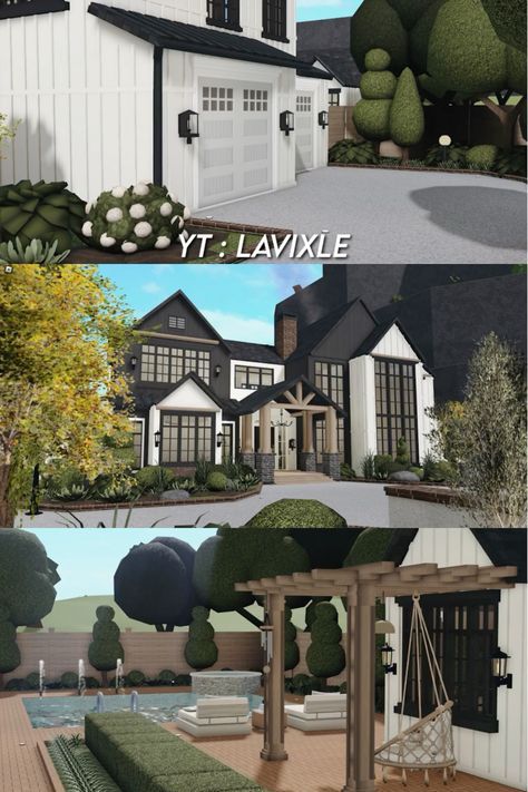 Modern Farmhouse Mansion, Bloxburg Modern Farmhouse, Farmhouse Mansion, Modern Farmhouse Family, Modern Farmhouse Layout, Industrial House Exterior, Modern Suburban House, Bloxburg Beach House, Family Mansion