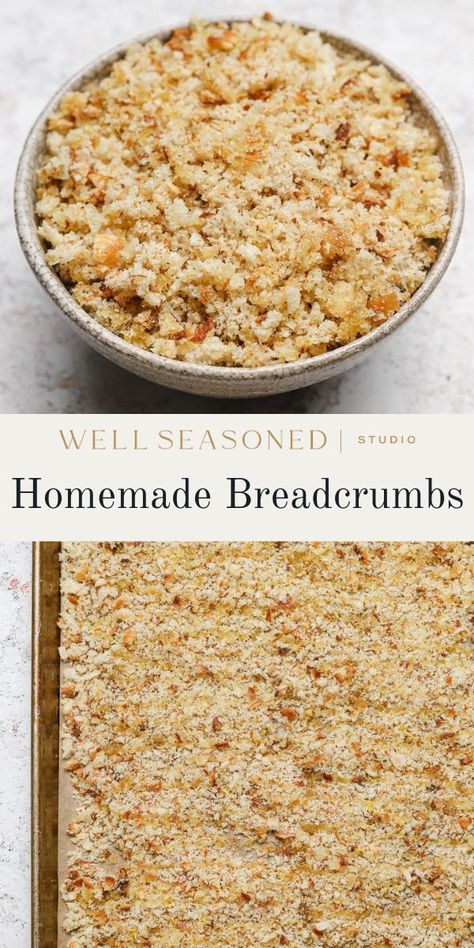 Homemade Breadcrumbs are the very best use for leftover bread and incredibly easy to make from scratch! They're crispy, they're crunchy, and you can use any type of bread you want. Store breadcrumbs in a fridge -- or freeze for later! -- to use with your favorite recipes, such as in meatballs, as a breading mixture for chicken or eggplant, or turned into a crunchy topping for pastas. DF #wellseasonedstudio #breadcrumbs #homemadebreadcrumbs What To Make With Bread Crumbs, Seasoned Bread Crumbs Recipe, How To Make Bread Crumbs Out Of Bread, What To Do With Bread Crumbs, Home Made Bread Crumbs Recipes, Bread Crumb Recipes, How To Make Bread Crumbs, Diy Bread Crumbs, Home Made Bread Crumbs