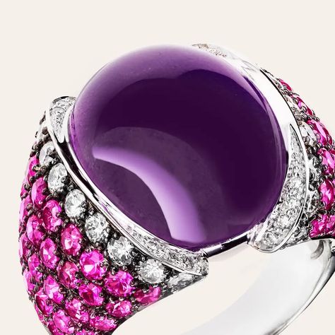 Amethyst Cocktail Ring, Purple Gems, Fine Rings, Pink Amethyst, Black Rhodium, Precious Gems, Round Cut Diamond, Black Rings, Purple Amethyst