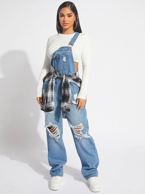 Light Wash Casual Collar Sleeveless Denim Plain Overall Embellished Non-Stretch Spring/Fall Women Denim Ripped Jean Overalls, 90s Fashion Jeans Outfit, Women’s Street Fashion 2023, Women Overall Outfits, Aaliyah Overalls Outfit, Overall Crop Top, Womens Street Wear Outfits, 90s Overalls Outfit Hip Hop Women, Cute Overall Outfits Aesthetic