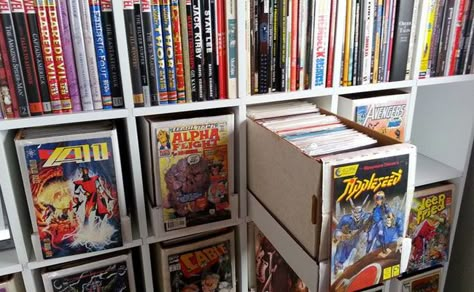 Comic Book Storage Ideas, Comic Book Rooms, Comic Book Box Storage, Comic Storage, Comic Display, Comic Book Display, Comic Book Room, Comic Room, Comic Book Storage