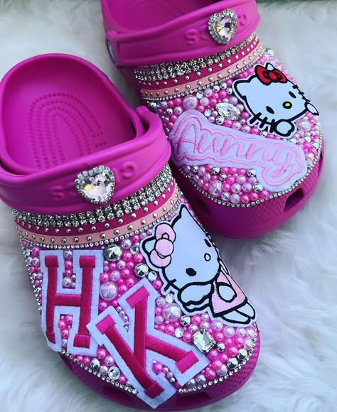 Pink Croc Outfits, Crocs Decorations, Crocs Business, Crocs Inspiration, Purple Shoes Outfit, Croc Party, Designed Crocs, Blinged Crocs, Croc Designs