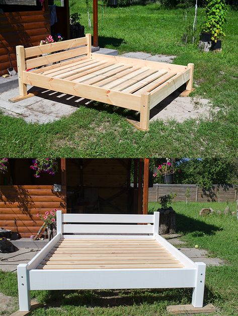 Simple Full Size Bed Frame Diy, Elevated Bed Platform, Diy Wooden Bed Frame, Simple Wooden Bed, Wooden Bed Frame Diy, Diy Seng, Diy Platform Bed Frame, Diy Bed Frame Easy, Farmhouse Bed Frame