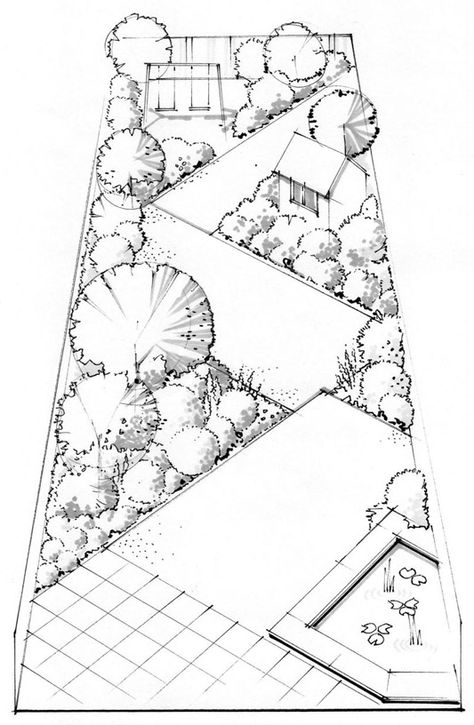 Creative long narrow garden design plan Garden Landscaping Design Ideas, Long Garden, Narrow Garden, Garden Workshops, Garden Design Layout, Landscape Design Plans, Garden Design Plans, Landscape Plans, Garden Plans