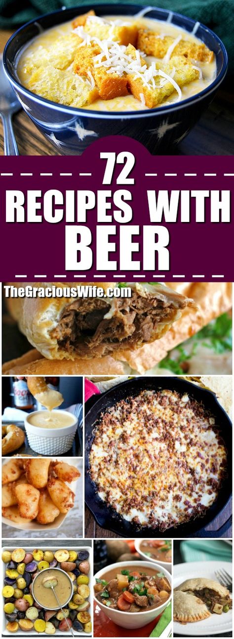 72 Recipes made with Beer - Beer turns an average recipe into cozy comfort food and can turn any food into game day food.  Check out these 72 recipes made with beer for a comfy mouthwatering treat. Omg.  These look amazing.  I love beer batter. Beer Food Recipes, Beer Batter Recipe, Recipes With Beer, Beer Cheese Recipe, Beer Ingredients, Beer Dinner, Best New Recipes, Diy Easy Recipes, Cooking With Beer