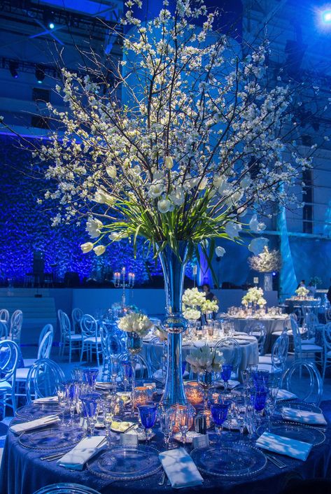 Image from Step Into A Floral Fantasy at this Whimsical Private Event at Duggal Greenhouse in New York, NY, USA, posted by Van Vliet + Trap Blue And Green Sweet 16, Blue Enchanted Forest Theme, Enchanted Forest Theme Quinceanera, Royal Blue Weddings, Colors For Weddings, Fairy Theme Birthday Party, Classic Blue Wedding, Blue Sweet 16, Quince Themes