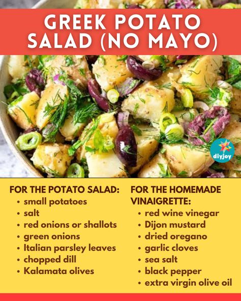 This Greek potato salad recipe is packed with herbs, onion, potatoes, and delicious flavors. It's easy to make and is the perfect side dish. Greek Salad With Potato Salad, Greek Potato Salad No Mayo, Greek Potato Salad, Vegetarian Meals Easy, Greek Style Potatoes, Deviled Egg Potato Salad, Onion Potatoes, Greek Pasta Salad Recipe, Vegetable Cooking