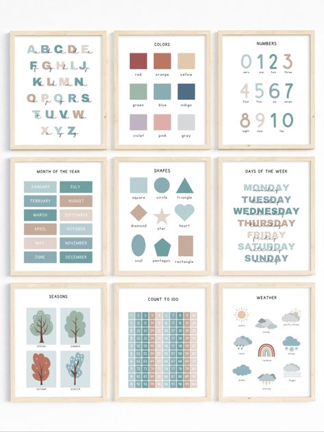 Set of 9 Educational Poster, Classroom Posters, Homeschool Printables, Educational Wall Art, Alphabet Poster, Playroom Poster, Montessori, Playroom Sign, Classroom Bundle, Kindergarten Classroom Prints  Click to shop more classroom wall decor and browse more educational poster to bring your classroom designs to the next level!  Each print includes 5 high resolution JPG files with different ratio sizes: Homeschool Posters Free, Wall Art Kindergarten, Montessori Wall Art, Classroom Designs, Art Kindergarten, Poster Classroom, Playroom Posters, Teacher Posters, Montessori Playroom