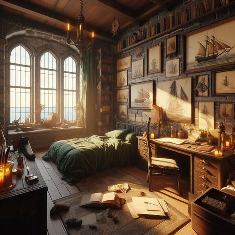 Adventurer Room Aesthetic, Midevil Room Aesthetic, Adventure Room Aesthetic, Piratecore Decor, Pirate Room Ideas, Tavern Bedroom, Fantasy Room Concept Art, Wizard Aesthetic Room, Pirate Bedroom Aesthetic