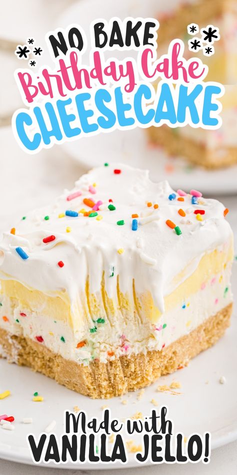 Birthday Cake Cheesecake Bars dessert is an ultra-creamy no-bake recipe inspired by Pillsbury's funfetti cake mix. It's layered with a buttery cookie crust, cheesecake filling with rainbow sprinkles, vanilla pudding mix, and a whipped topping! Cookie Crust Cheesecake, Funfetti Cake Mix Recipes, Desert Pizza, Confetti Cake Recipes, Kalahari Resort, Cake Mix Ideas, Birthday Cake Cheesecake, No Bake Cheesecakes, Buttery Cookie