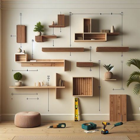 Installing Floating Shelves: Tips and Tricks Staggering Floating Shelves, Wall Of Floating Shelves, Home Office Floating Shelves, Diy Wall Shelving, Floating Shelves Design, Wall Shelving Ideas, Branch Shelves, Floating Shelf Display, Install Floating Shelves