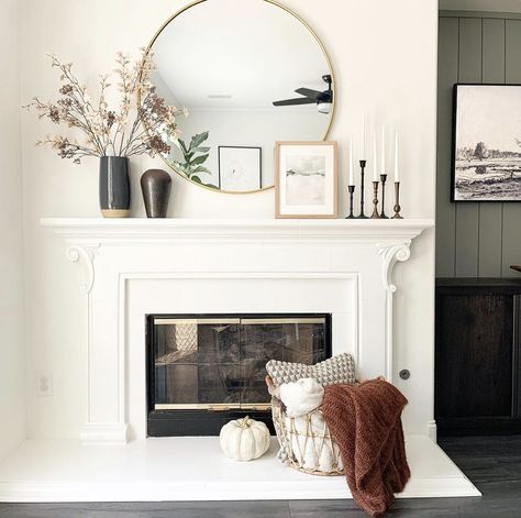 Mantle Decor With Circle Mirror, Big Round Mirror Over Fireplace, Circle Mirror Fireplace Mantles, Circle Mirror Fireplace, Fireplace With Round Mirror Above, Fireplace With Round Mirror, Gold Mirror Fireplace Mantle, Fireplace Mantle Decor With Round Mirror, Circle Mirror Over Fireplace