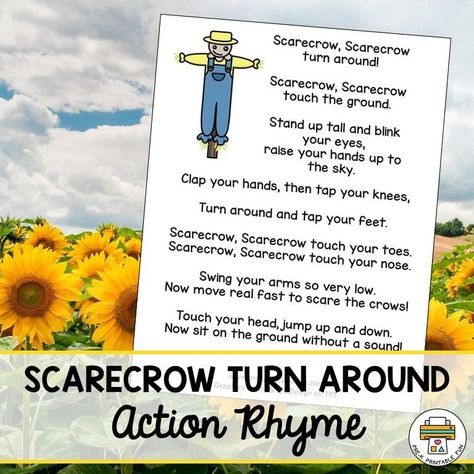 This is a fun little fall themed action rhyme that preschoolers love!Download your free copy of this Scarecrow turn around action rhyme from my shop or in the Free Subscriber Library! Scarecrow Scarecrow Turn Around Song, Preschool Scarecrow, Scarecrow Song, Asl Classroom, October Preschool, November Preschool, Fall Classroom Ideas, Scarecrow Ideas, Digital Learning Classroom