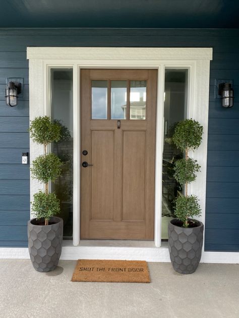 Topiaries in pots on either side of front door, navy house Navy House Door Color, Front Door Navy, Front Porch Planter Ideas, Doors Colors, House Doors Colors, Door Planters, Navy House, Porch Extension, Front Door Plants