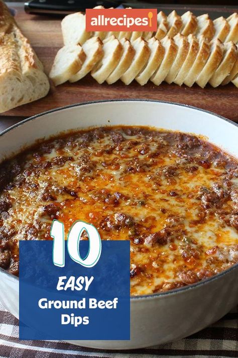 Looking for appetizer recipes? Try cooking the best ground beef dips. From taco dip to seven layer dip, these quick and easy cheese dip recipes are the best appetizer, snack, football food, and party food ideas. Dips With Meat In It, Football Food With Ground Beef, Best Football Dip Recipes, Baked Bean Dip Recipes, Best Quick Appetizers, Easy Potluck Dip Recipes, Football Dip Ideas, Nachos Recipe Beef Dip, Ground Beef Cheese Dip Crockpot