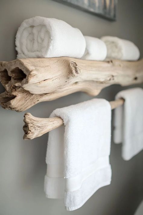 "Transform your bathroom with a DIY Driftwood Towel Rack! 🌊🪵 #DIYHomeProjects #CoastalDIY #DriftwoodCrafts" Kitchen House Ideas, Shell Cottage, Cozy Love, Diy Driftwood, Re Purpose, Natural Vibes, Beach Wood, Driftwood Crafts, Bathroom Trends