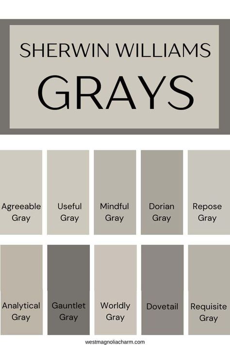 These are 10 of the best gray paint colors from Sherwin Williams. If you are struggling to find the perfect gray, this is for you. #gray #paintcolors #interiordesign #home Gray Tone Paint Colors, Colonnade Gray Color Scheme, Dovetail Sherwin Williams Living Rooms, Griege Wall Colors, Gray Cabinet Paint Color, Mindful Gray Sherwin Williams Exterior, Popular Gray Sherwin Williams, Best Sherwin Williams Gray, Sherwin Williams Gray Paint Colors