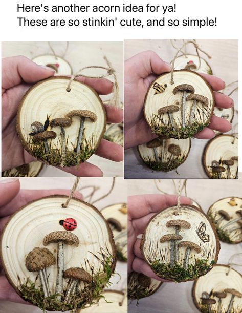 Acorn Cap Mushroom Garland, Pinecone Mushroom Ornament, Art Made Of Nature, Acorn Diy Crafts, Diy Forest Crafts, Acorn Craft Ideas, Acorn Mushroom Crafts, Diy Cottagecore Christmas Ornaments, Holiday Nature Crafts