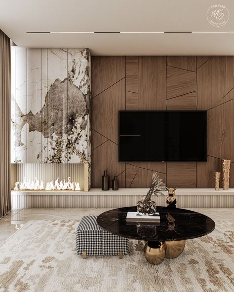 LUXURY RECEPTION on Behance Ruang Tv Modern, Tv Unit With Fireplace, Tv Unite, Luxury Reception, Modern Tv Room, Feature Wall Living Room, Modern Tv Wall, Home Hall Design, Tv Room Design