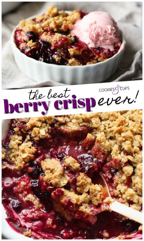 This Berry Crisp Recipe is a classic, foolproof EASY mixed berry dessert. Sweet, tart berries are layered underneath a buttery, crunchy topping. Perfect with a scoop of ice cream or all on its own. #cookiesandcups #berrycrisp #berrycrumble #strawberryrecipe #blueberryrecipe #summerberries #berryrecipe Mixed Berry Dessert, Mixed Berry Crisp, Berry Crisp Recipe, Fruit Crisp Recipe, Berry Cobbler Recipes, Crisps And Cobblers, Berry Desserts, Crisp Recipes, Berry Crisp