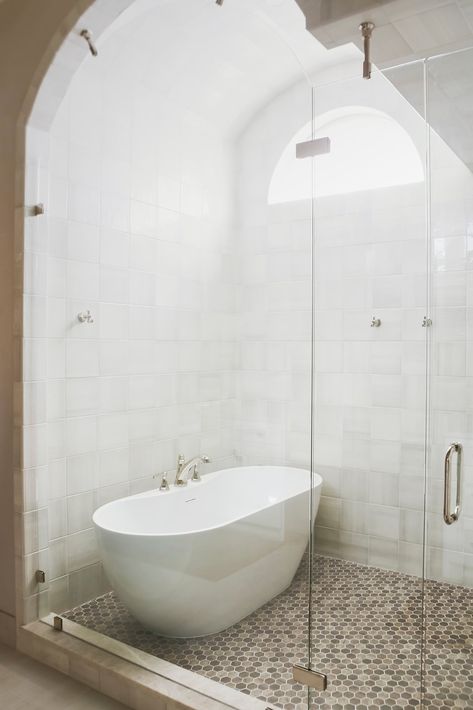 Thinking about adding a wet room to your primary bathroom? Read the pros and cons here from our design team! Wet Room With Freestanding Tub, Freestanding Tub With Shower Combo, Master Bathtubs, Shower With Freestanding Tub, Shower Room With Tub, Wet Room Bathroom With Tub, Traditional Master Bath, Sarah Douglas, Wet Room Bathroom