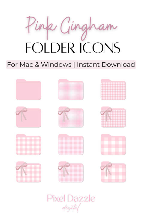 Pink Gingham Folder Icons and 6 desktop wallpapers for Mac & Windows PCs, ideal for effortless digital organization and workspace enhancement. #DigitalWorkspace #DesktopMakeover #GinghamObsessed #FileManagement #OrganizationGoals #WallpaperInspiration Organization Pc Wallpaper, Pink Mac Desktop Wallpaper, Computer Ideas Laptops, Cute Desktop Folder Icons, Folder Png Aesthetic, Desktop Wallpaper Organize, Pink File Icon, Desktop Wallpaper Organizer For Windows, Pink Folder Icons For Mac