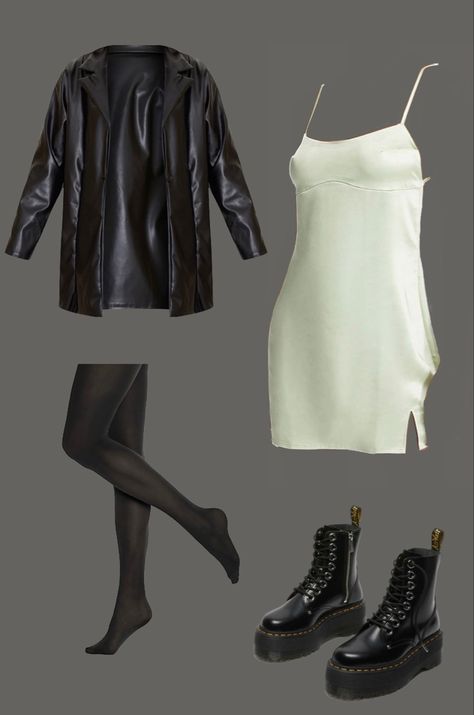 Hoco Dresses With Jacket, White Dress Black Tights Outfit, Leather Jacket Outfit With Dress, Short Black Slip Dress Outfit, Folk Concert Outfit Winter, Laufey Inspo Outfit, Black Dress With Jacket Outfit, Leather Jacket Outfit Dress, Poetry Night Outfit