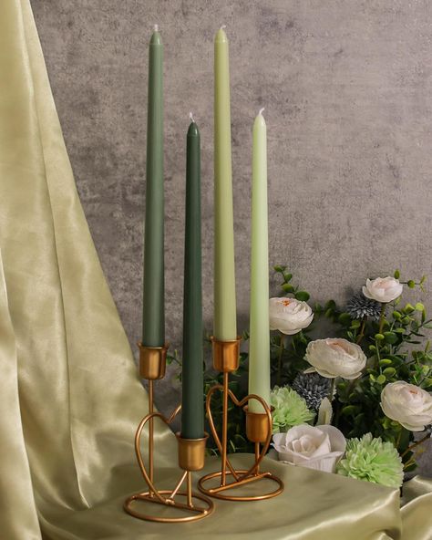 Aesthetic Home Decor - Table Decor - Christmas Decor - Aesthetic Christmas Candle Green Candle Sticks, Joanna Gaines Inspired Design, Green Candlesticks, Quince Green, Green Taper Candles, Party Pantry, Mantle Candles, Moss Table, Hobbit Wedding