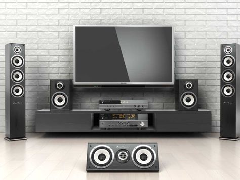 Electronics Upgrade Music Studio Home, Home Sound System, Wireless Surround Sound, Home Theater Ideas, Home Theater Installation, Tv Bench, Automation Technology, Best Home Theater, Surround Sound Speakers