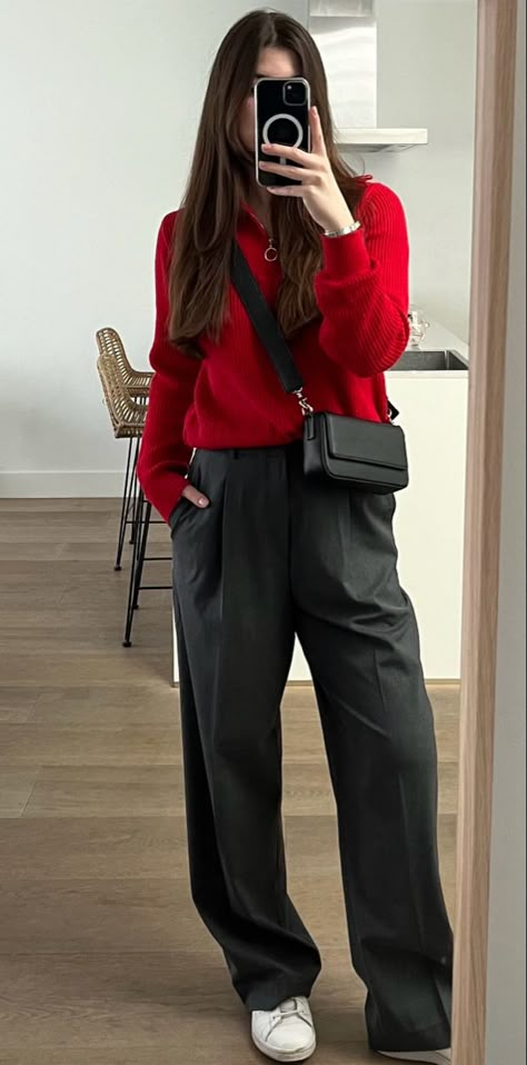 Red With Grey Outfit, Grey Pleated Trousers Outfit, Work Outfit Trousers, Red Wool Sweater Outfit, Red Sweater Work Outfit, Red Knit Skirt Outfit, Red Jumper Outfit Aesthetic, Red Crew Neck Sweater Outfit, Outfit With Red Sweater