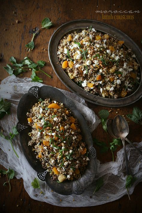 This Moroccan lamb couscous is packed full of spiced ground lamb, dried apricots, currants, fresh herbs and couscous. Plus it's ready in just 30 minutes! Lamb Couscous, Ground Lamb Recipes, Moroccan Lamb, Moroccan Recipes, Ground Lamb, Moroccan Food, Lamb Recipes, Middle Eastern Recipes, Mediterranean Recipes