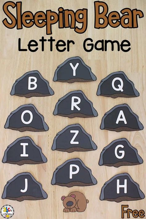 This Hibernating Bear Alphabet Game is a fun way for your preschoolers to practice identifying lowercase and capital letters this winter. Bear Prek Activities, Preschool Bear Theme Activities, Bear Curriculum For Preschool, Bear Themed Preschool Activities, Bear Letter Activities, Bear Name Activities Preschool, Counting Bear Activities Free Printables, Bear Literacy Activities Preschool, Hibernation Songs Preschool