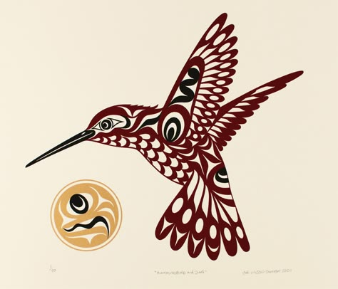 Limited edition Native American serigraph titled Hummingbird and Sun by Joe Wilson Indigenous Animal Art, Hummingbird Native Art, Native Hummingbird Tattoo, Humming Birds Tattoo Design, Native American Hummingbird Tattoo, Haida Hummingbird, Native American Hummingbird, Hummingbird Art Drawing, Native Paintings