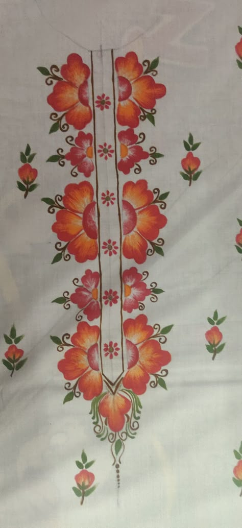 Suite Painting Design, Fabric Painting Designs For Kurtis, Bed Sheet Painting Design, Painted Suits, Fabric Colour Painting, Fabric Paint Shirt, Sheet Painting, Cloth Painting, Saree Painting Designs