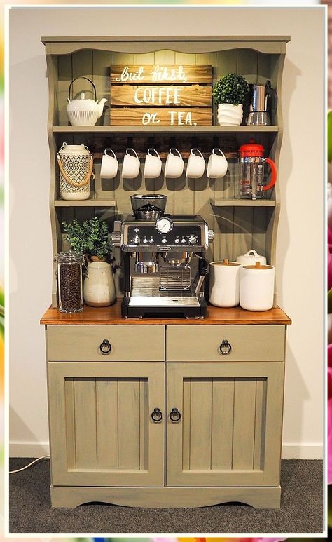 Looking to create a cozy coffee nook at home? Check out these 9 home coffee bar ideas to transform your space into a stylish and functional area for your daily caffeine fix. From minimalist designs to rustic setups, find inspiration to elevate your coffee game at home. Farmhouse Coffee Bar Cabinets, Coffee Tea Bar Hutch, Coffee Bar Upcycle, Kitchen Dresser Coffee Station, Kitchen Hutch Coffee Bar, Dresser Coffee Station, Coffee Hutch Diy, Coffee Station Hutch, Dresser Into Coffee Bar