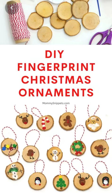 Ornaments With Fingerprints, Finger Print Ornaments Kids, 2nd Grade Christmas Ornament Craft, Wood Slice Fingerprint Ornament, Fingerprint Wreath Ornament, Diy Ornaments Christmas Wood Slice, Finger Print Christmas Tree Ornament, Finger Print Ornaments On Wood, Thumb Print Ornaments