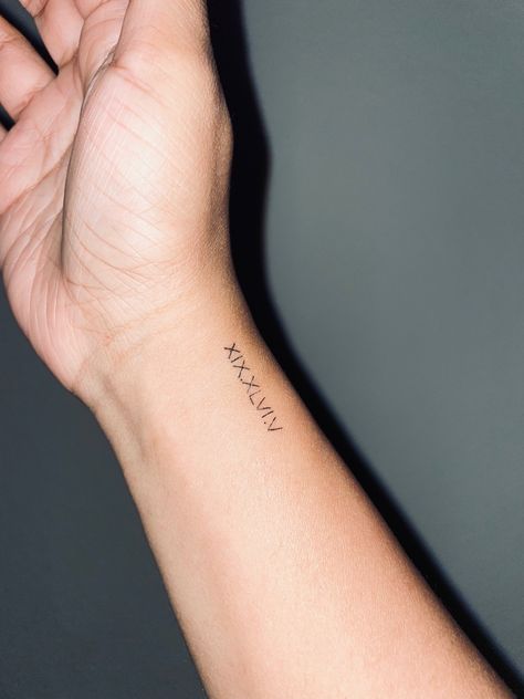 Bible verse translated to Roman numerals; XIX.XLVI.V and used for wrist tattoo Small Roman Numeral Tattoo Wrist, Bible Verse Tattoo On Wrist, Tiny Bible Verse Tattoos, Psalm 23 4 Tattoo Women, Pslam91 Tattoo, Psalm 30:5 Tattoo, Psalm Tattoo Ideas, 46:5 Psalm Tattoo, Psalm 139:14 Tattoo