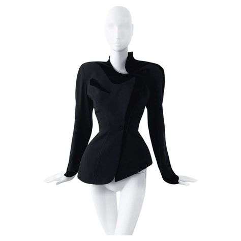 Thierry Mugler Stunning Sculptural Blazer Jacket Dramatic Black Velvet Asymetric For Sale Mugler Jackets Tailoring, Mugler Blazer, Mind Shift, High Collar Jacket, Tin Soldier, Dinner Gown, Asymmetrical Collar, Black Wool Blazer, Bella Hadid Outfits