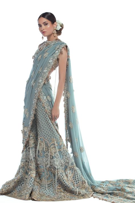 Blue Saree - Elan Pakistan - Pastels Elan Pakistan, Elan Bridal, Embroidered Gowns, Saree Outfits, Gowns Designs, Colorful Gown, Party Dress Outfit, Desi Vibes, Asian Clothes