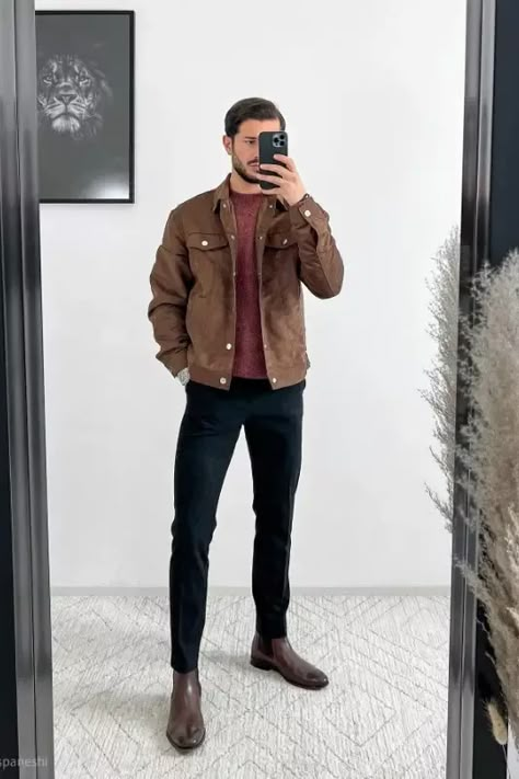 Men With Chelsea Boots Outfits, Men Trip Outfit, Men Style Boots Outfit, Mens Outfits Brown Shoes, Men Fashion Chelsea Boots, Winter Dress Outfit Men, Men’s Jeans And Boots Outfit, Mens Fashion Boots Outfit, Boots Brown Outfit Men