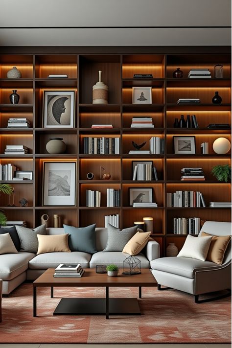 Stylish living room featuring curated geometric shelving Unique Library Room, Whole Wall Bookshelf, Wall To Wall Shelves Living Room, Living Room Book Wall, Home Library Minimalist, Decorating Bookshelf Ideas, Shelved Wall Living Room, Library Room Ideas Modern, Dark Built Ins