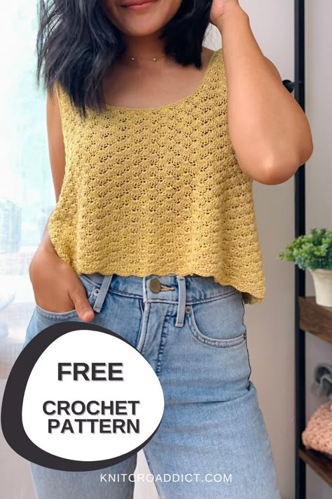 crochet tank top made from 2 separate pieces and then sewn together Crochet Tank Top Free, Crochet Tank Tops, Crochet Top Outfit, Crochet Crop Top Pattern, Crochet Wearables, Crochet Ladies Tops, Crochet Tops Free Patterns, Crochet Summer Tops, Crochet Tank Top